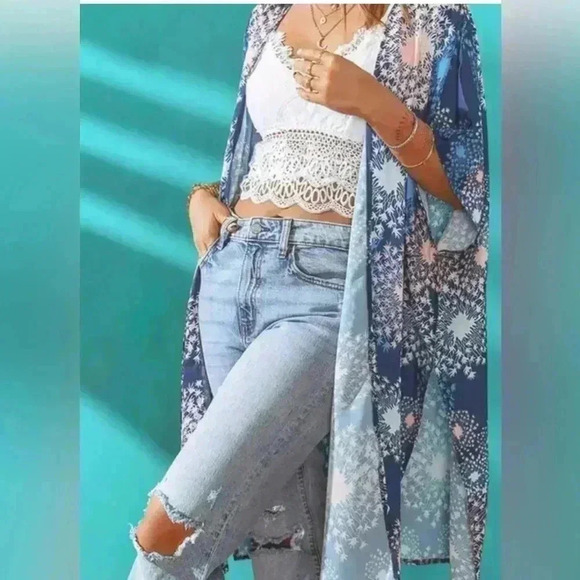 Print Kimono with Side Slits, Beach Swimwear Cover Up (Navy)L/XL duster - Picture 4 of 5